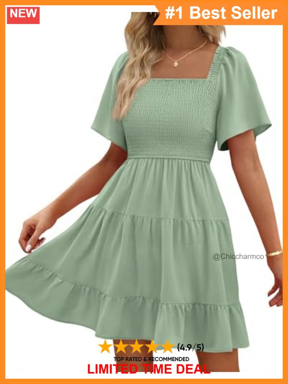 Women's Smocked Mini Dress Square Neck Flutter Sleeve Tiered Ruffle